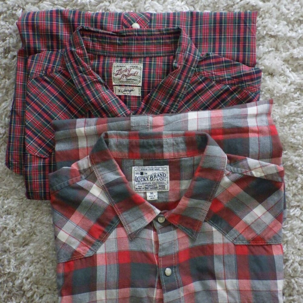 2 Pcs Lucky Brand Co Men's Long Sleeve Dress Shirts Size XL Pearl Snap Western